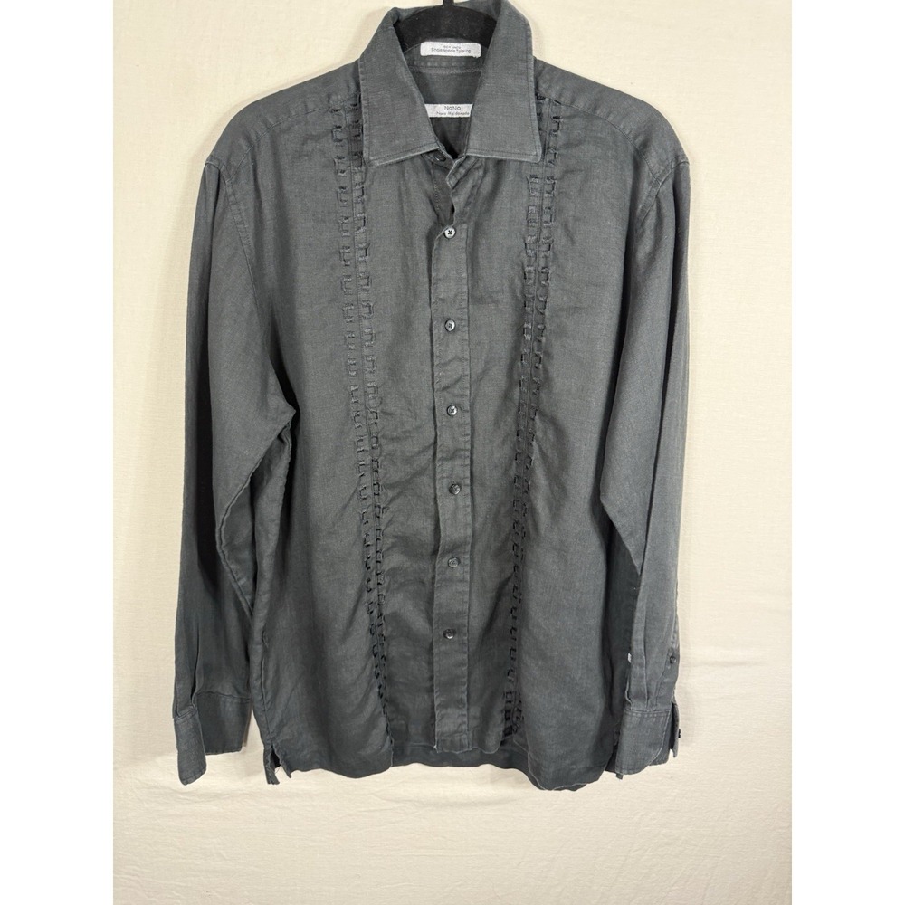 Nono Maldonado Mens Black Embroidered Button Front Shirt 100% Linen Long Sleeve